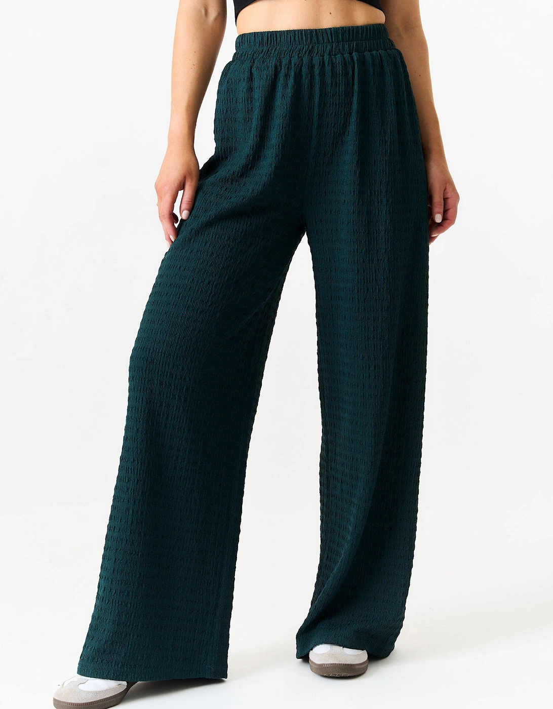 Bottle Green Textured Elastic Waist Pull On Trousers