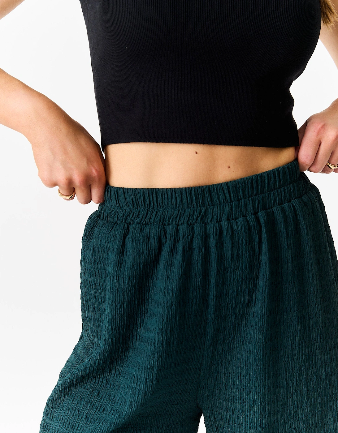 Bottle Green Textured Elastic Waist Pull On Trousers