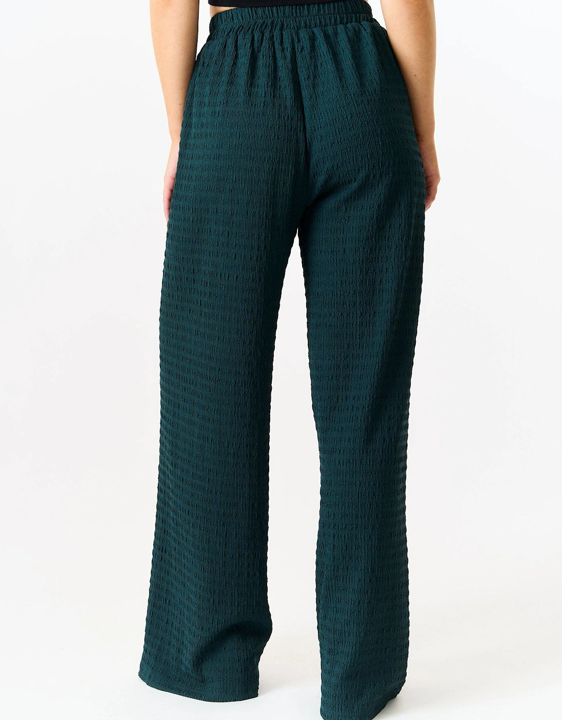 Bottle Green Textured Elastic Waist Pull On Trousers
