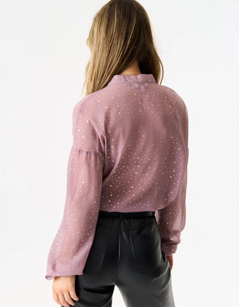 Mink Brown Star Print Button Through Blouse