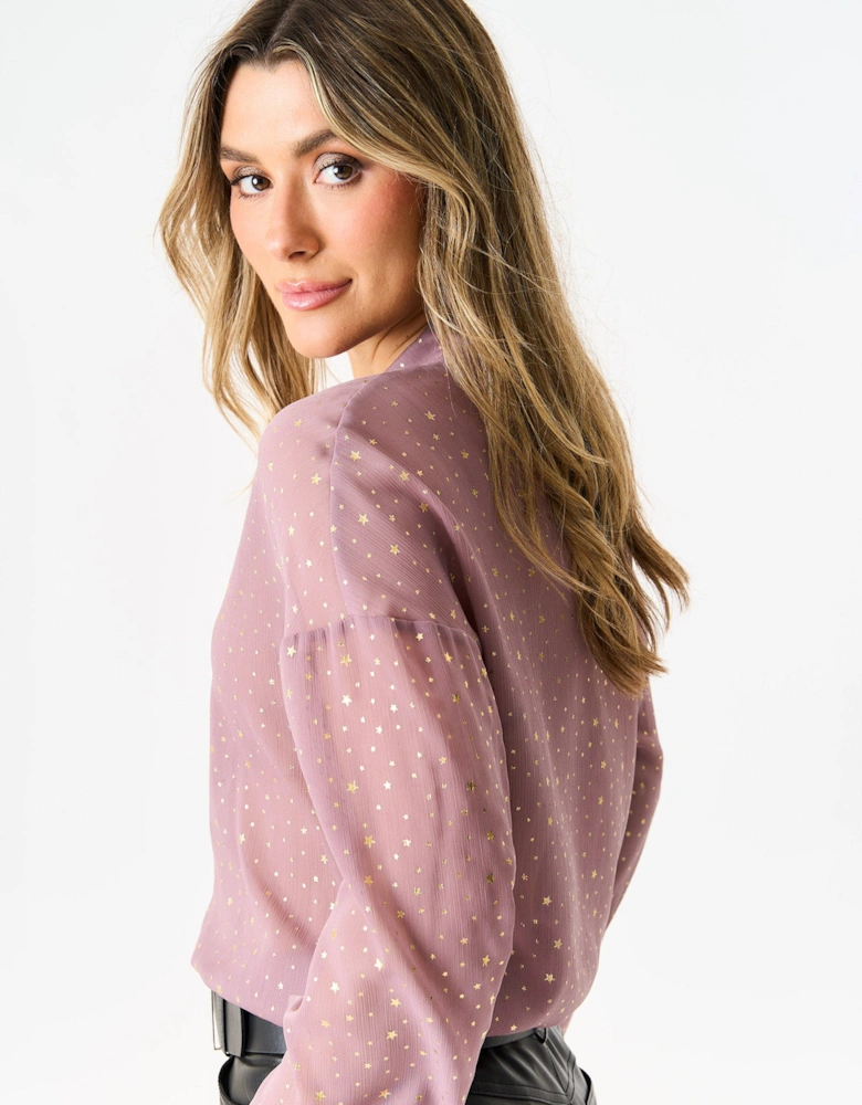 Mink Brown Star Print Button Through Blouse