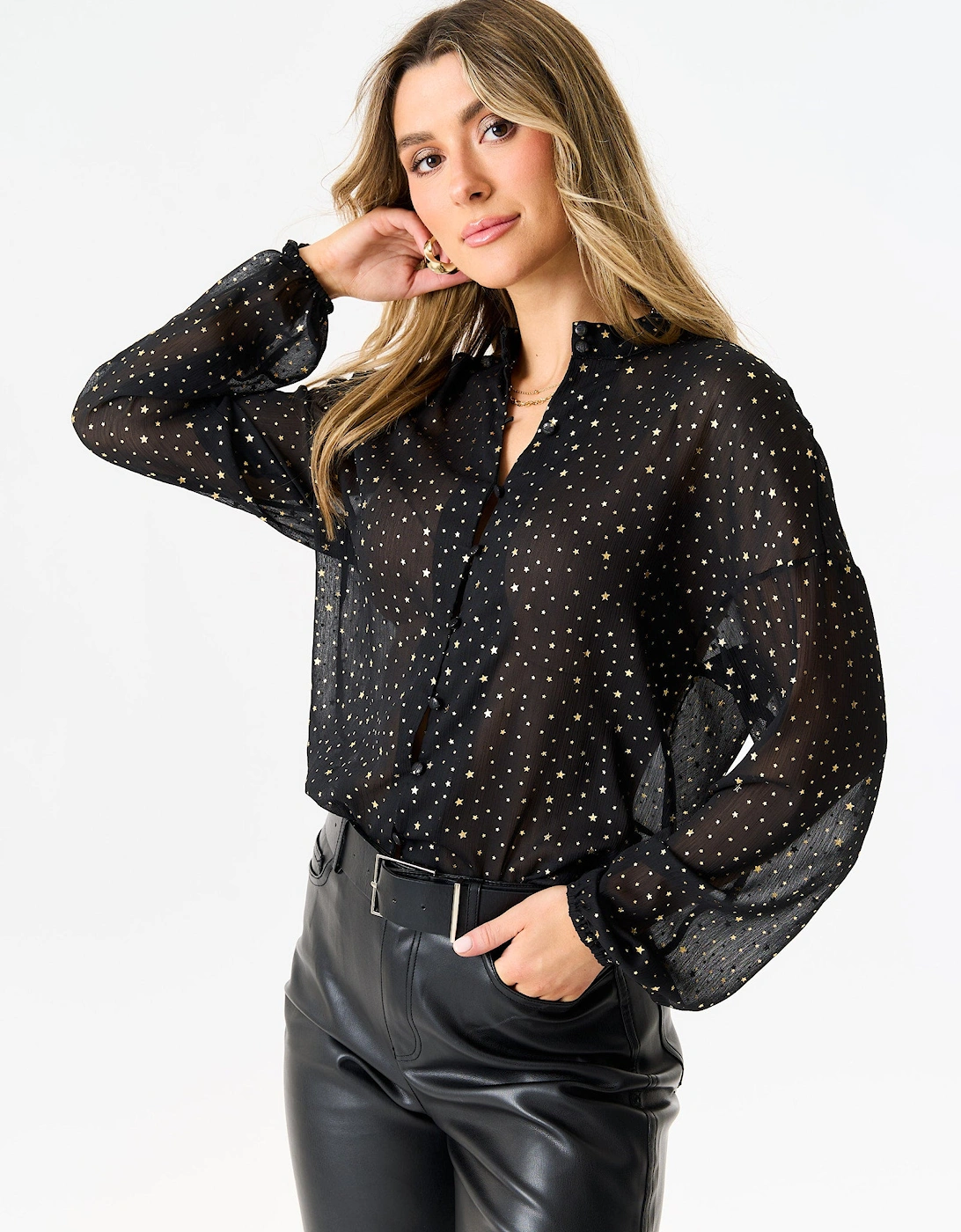 Black Star Print Button Through Blouse