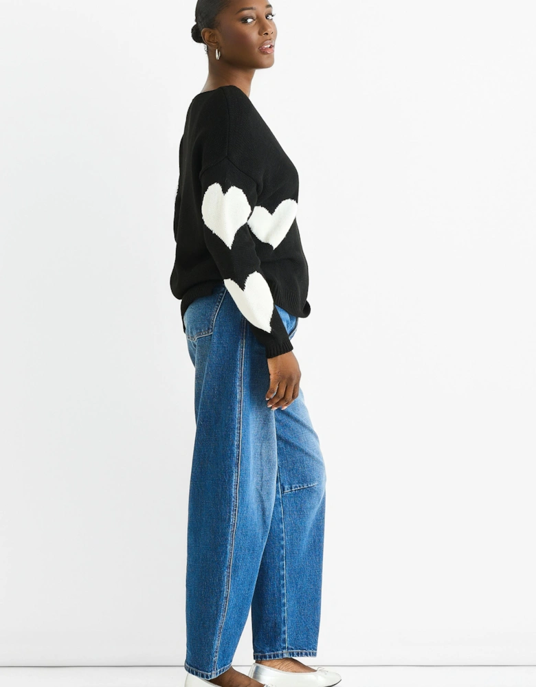 Black V Neck Oversized Heart Knit Jumper