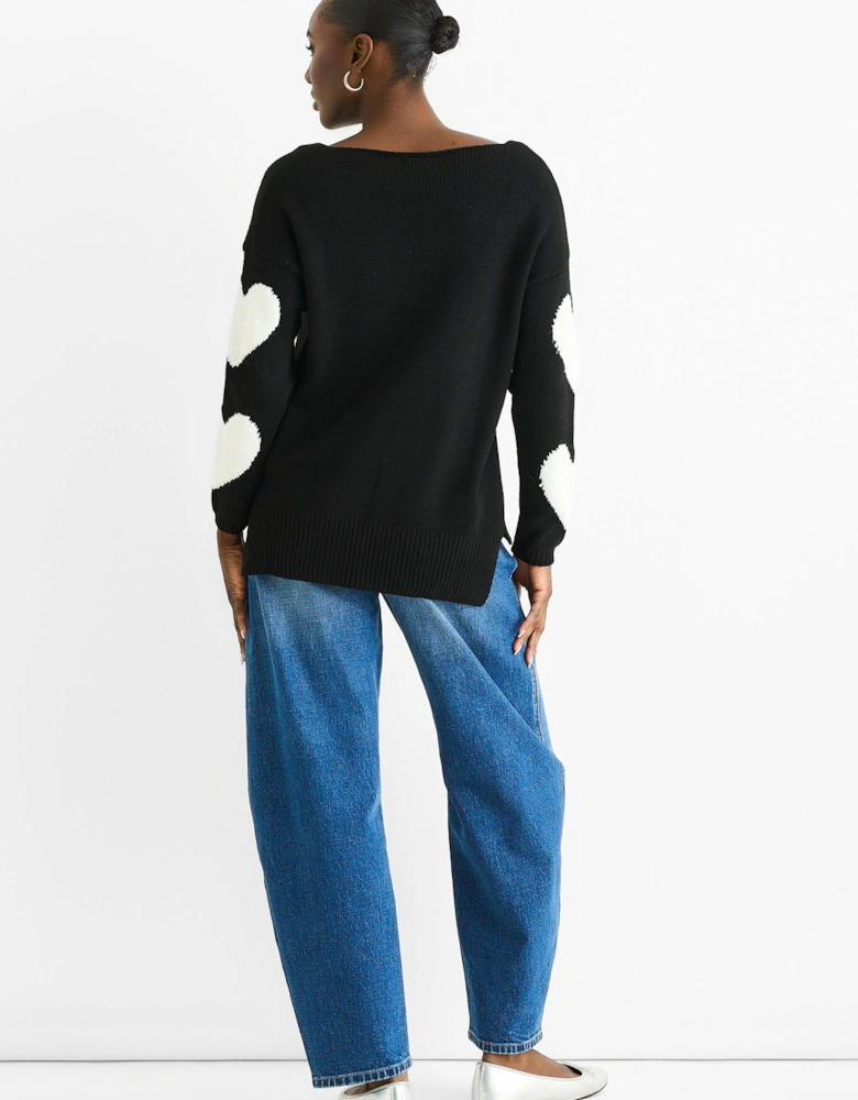 Black V Neck Oversized Heart Knit Jumper