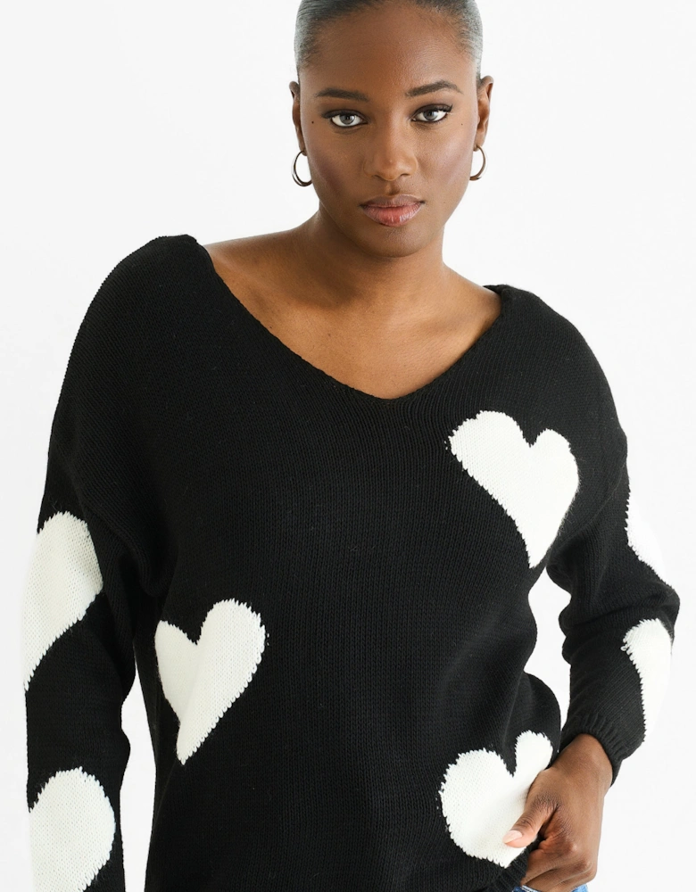 Black V Neck Oversized Heart Knit Jumper