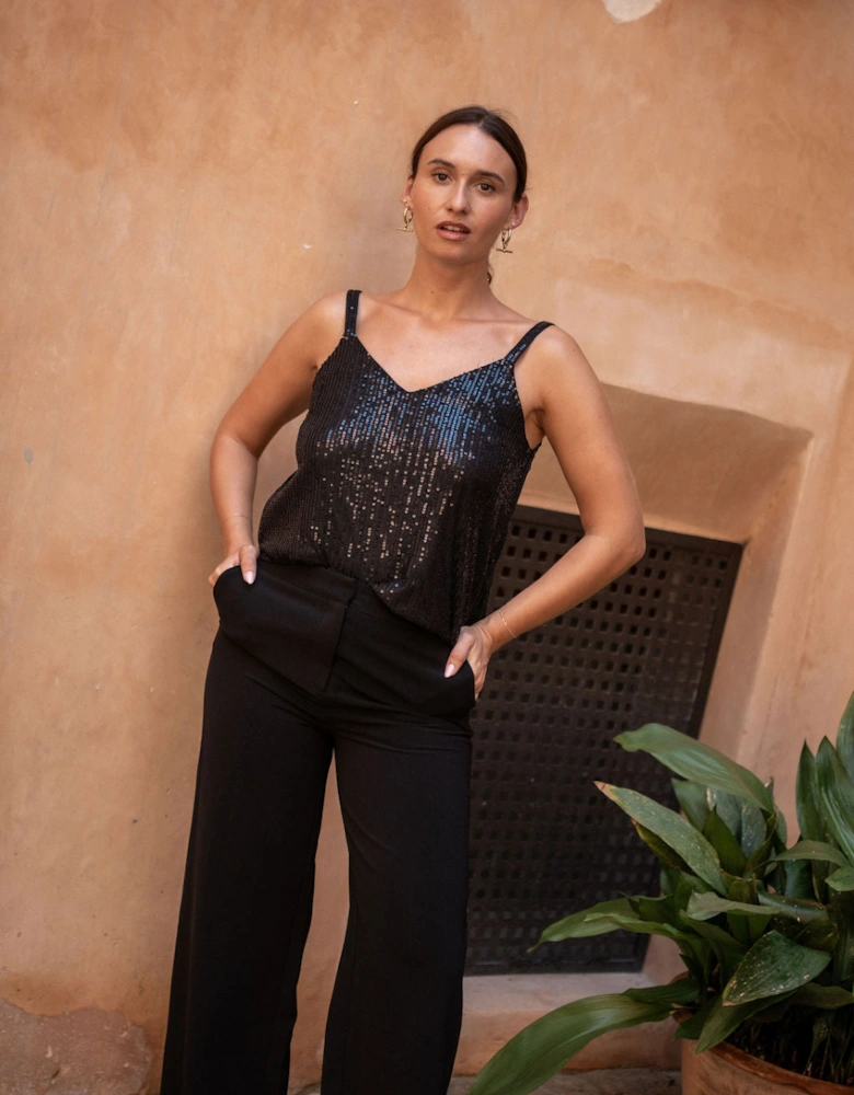 Black Sequin V Neck Cami Top