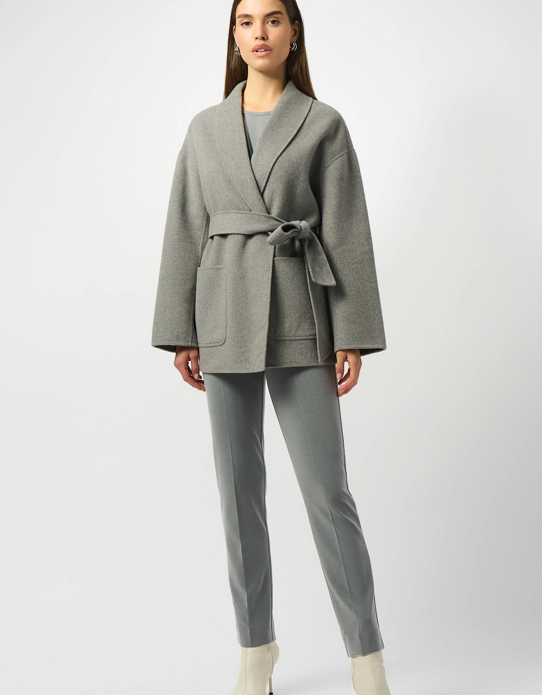 Wool blend belted coat with shawl collar