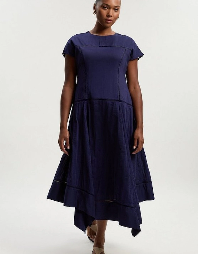Plus Size Cotton With Lace Trim Insert Hanky Hem Woven Midi Dress