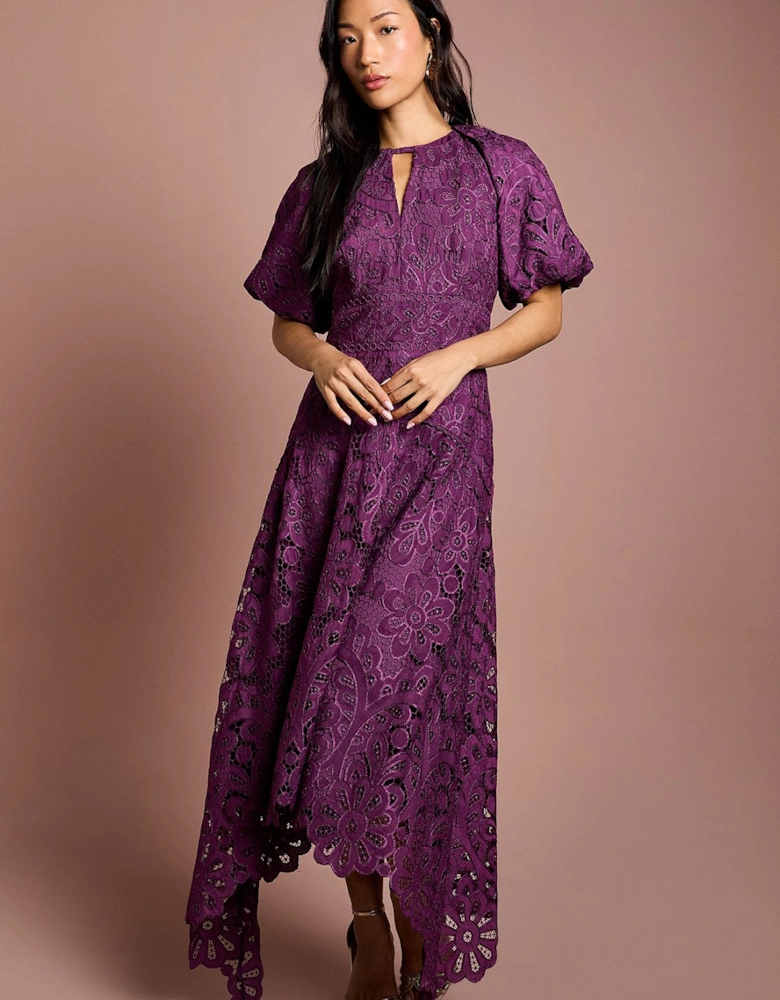 Lace Hanky Hem Puff Sleeve Dress