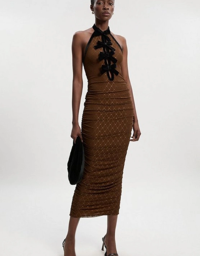 Mesh With Velvet Bow Trim Detail Halter Neck Midi Dress