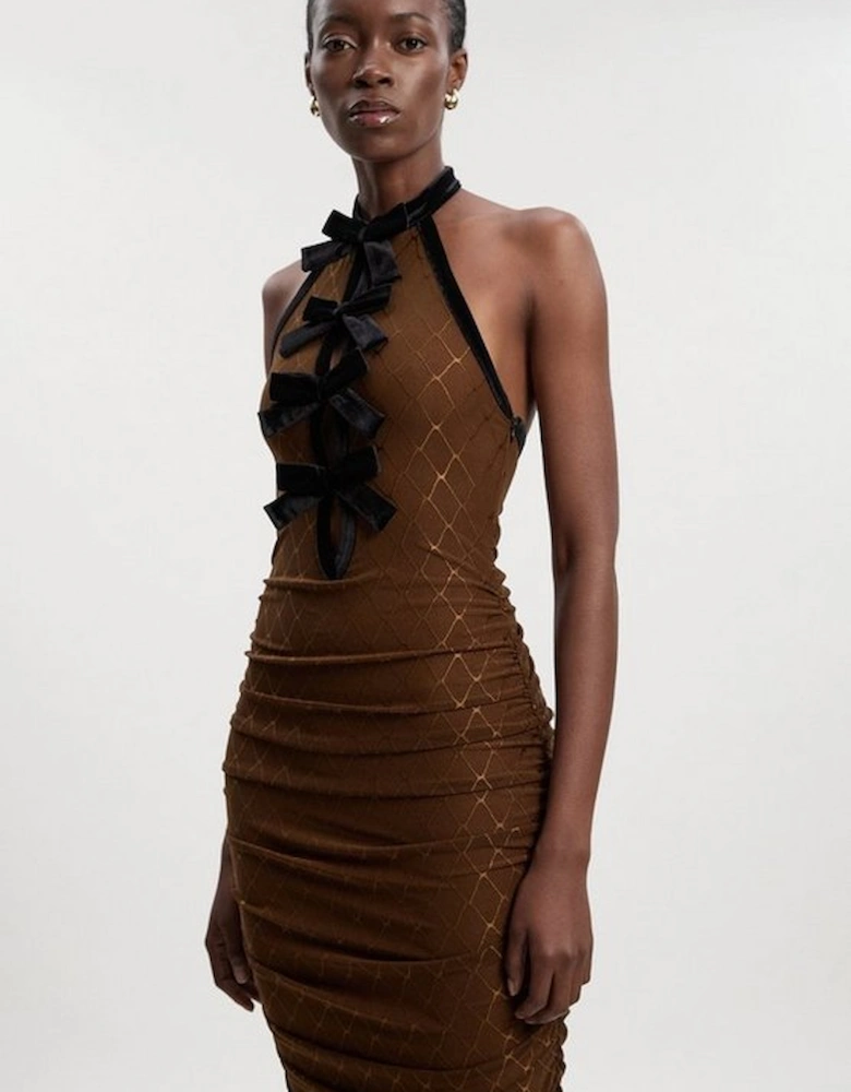 Mesh With Velvet Bow Trim Detail Halter Neck Midi Dress