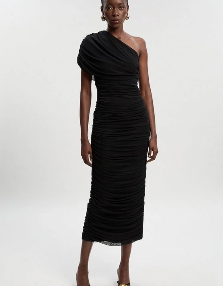Bandage Mesh Gathered Asymmetric Neck Knitted Maxi Dress