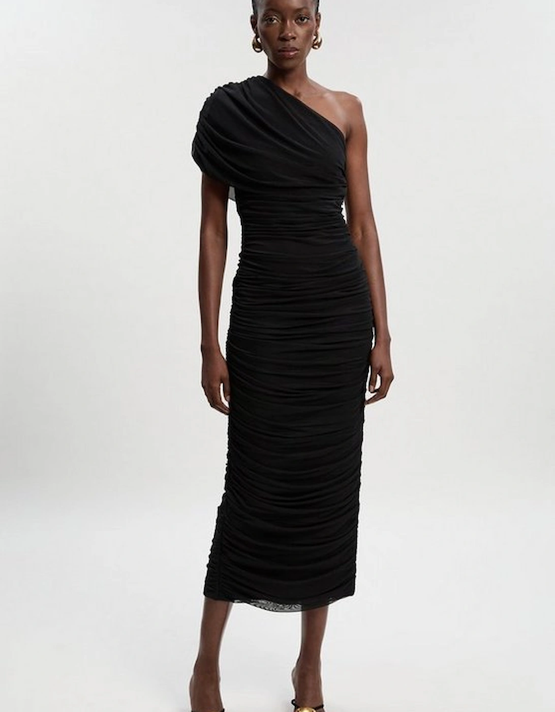 Bandage Mesh Gathered Asymmetric Neck Knitted Maxi Dress, 4 of 3