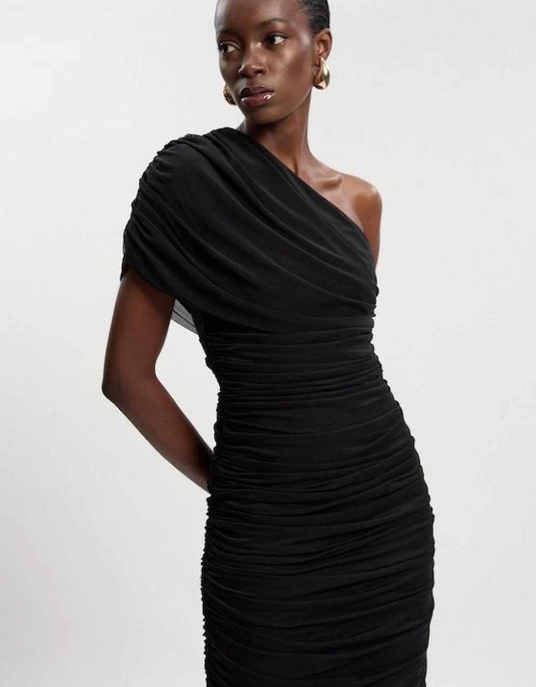 Bandage Mesh Gathered Asymmetric Neck Knitted Maxi Dress