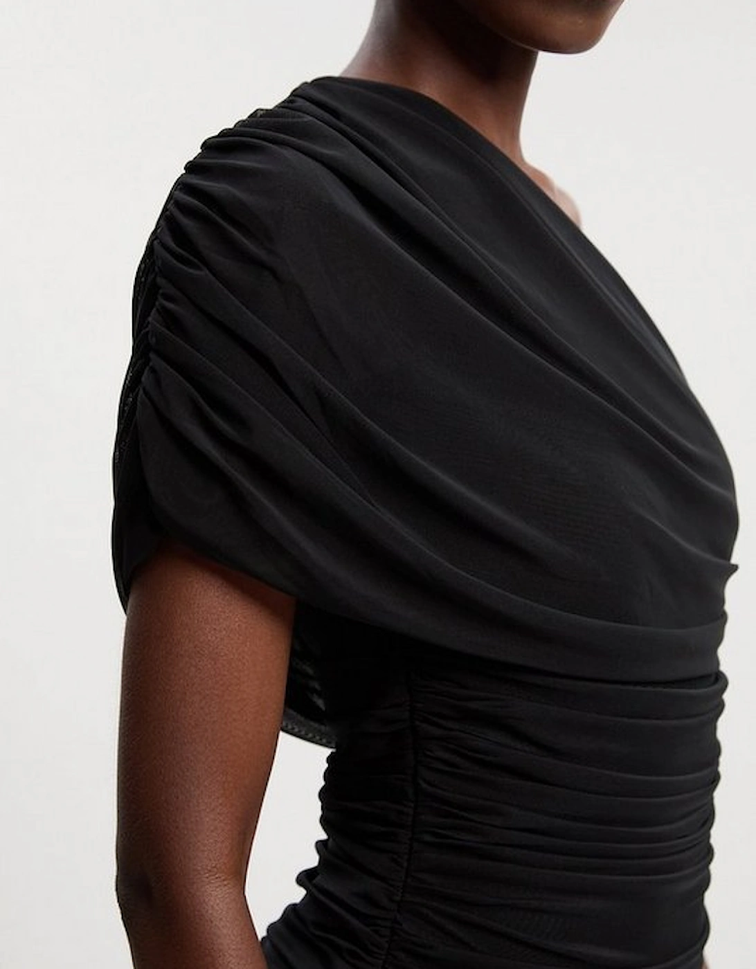 Bandage Mesh Gathered Asymmetric Neck Knitted Maxi Dress