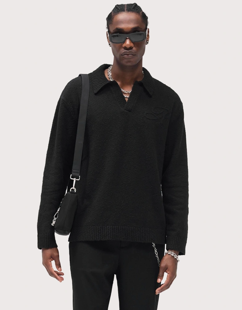 Relaxed Fit Long Sleeve Ribbed Polo Collar Knit