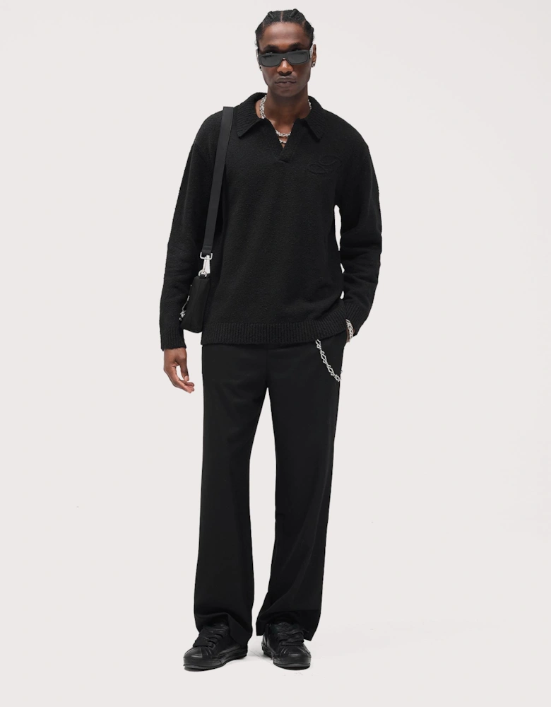 Relaxed Fit Long Sleeve Ribbed Polo Collar Knit