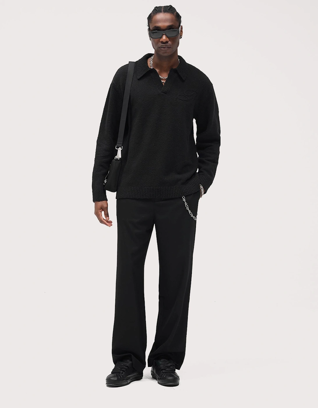 Relaxed Fit Long Sleeve Ribbed Polo Collar Knit