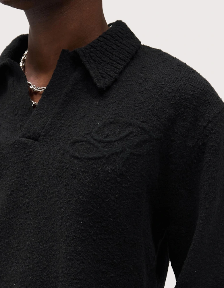 Relaxed Fit Long Sleeve Ribbed Polo Collar Knit