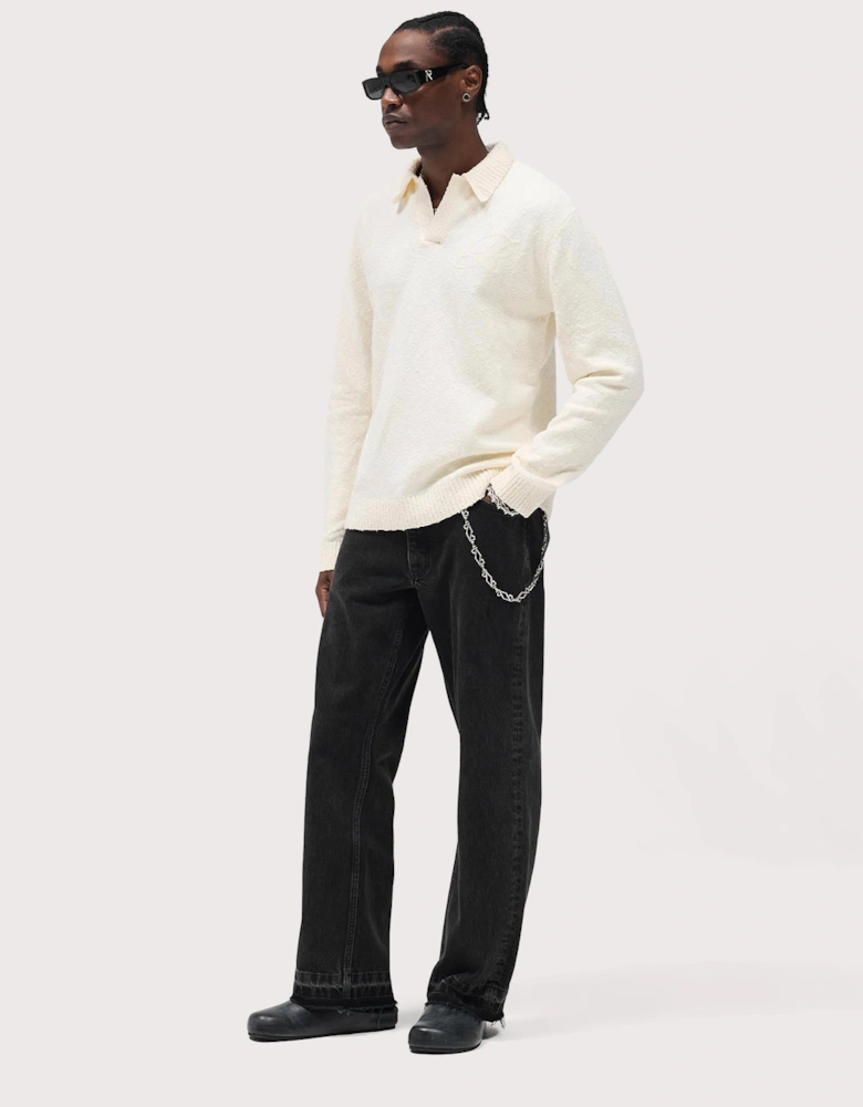 Relaxed Fit Long Sleeve Ribbed Polo Collar Knit