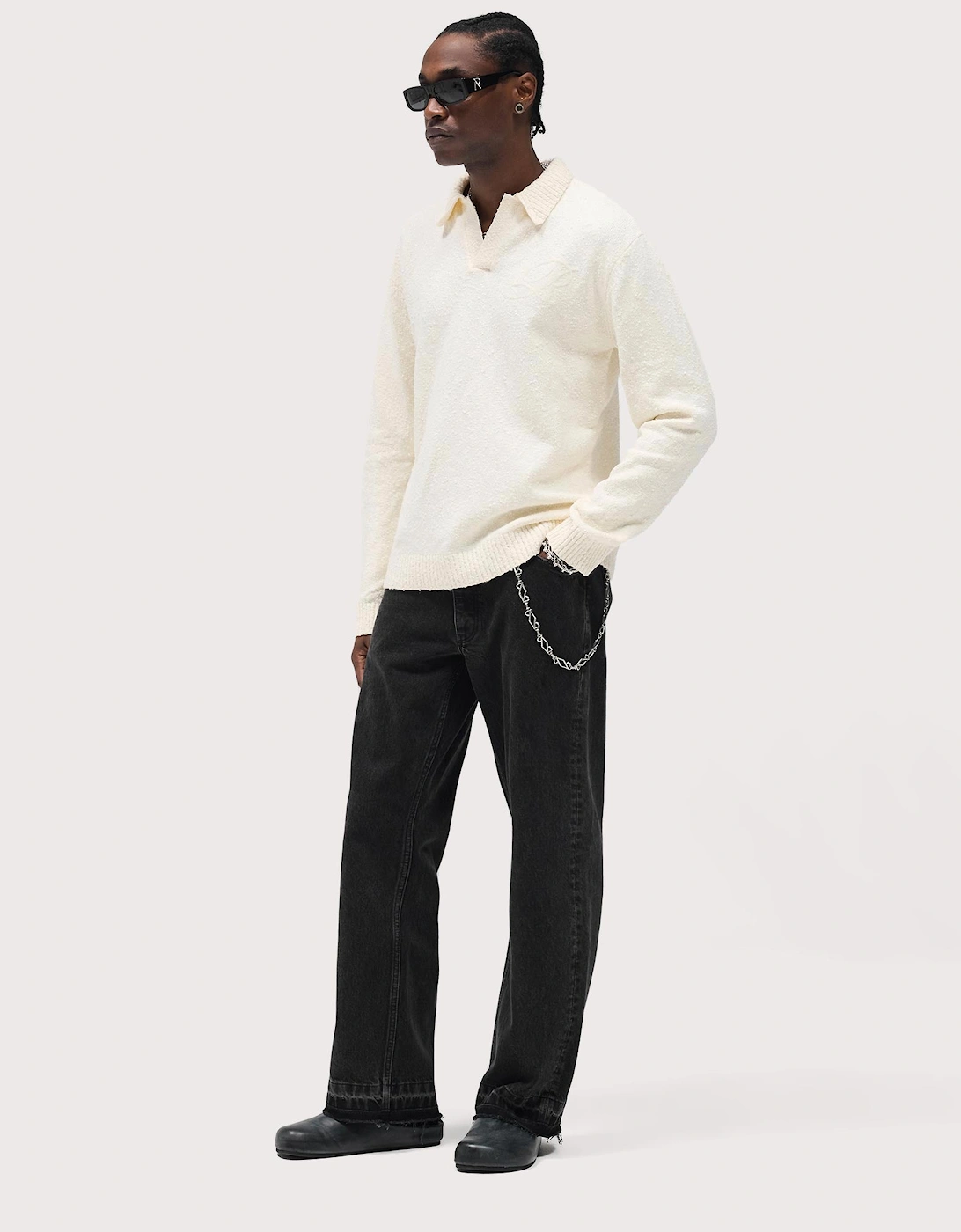 Relaxed Fit Long Sleeve Ribbed Polo Collar Knit