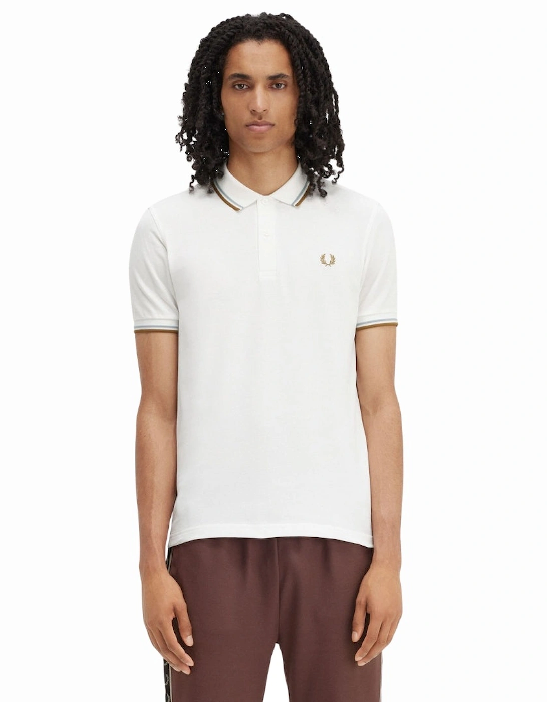 Brown Twin Tipped Collar White Polo Shirt