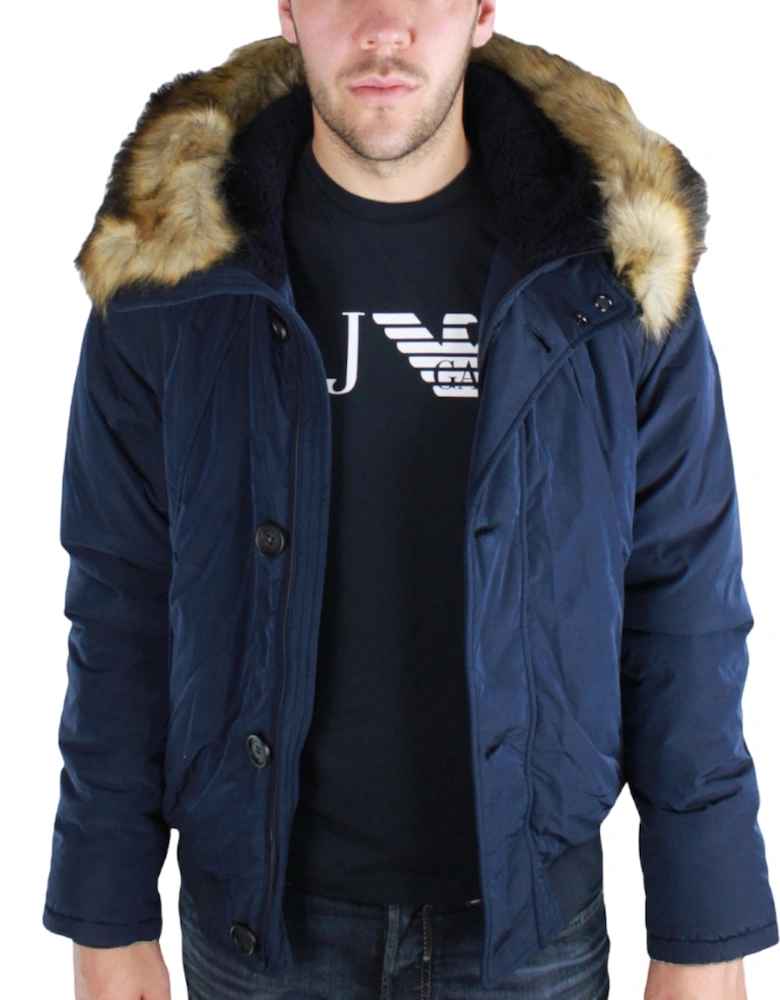 Navy Blue Fur Trimmed Hood Jacket