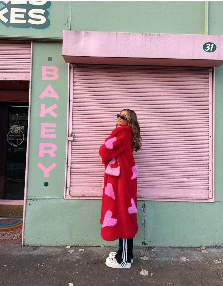 Red Maxi Eco Bamboo Faux Fur Coat with Love Heart Detailing