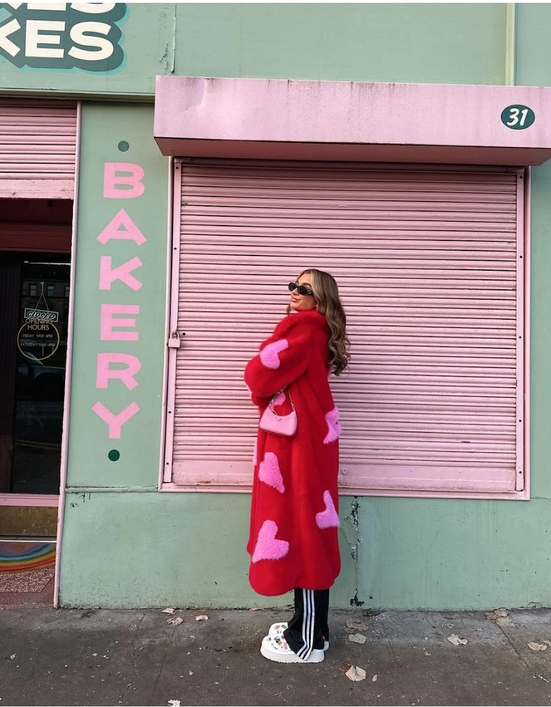 Red Maxi Eco Bamboo Faux Fur Coat with Love Heart Detailing, 8 of 7