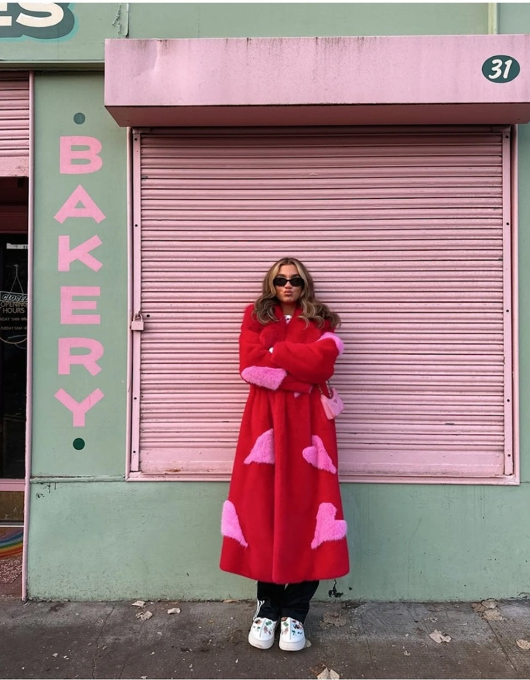 Red Maxi Eco Bamboo Faux Fur Coat with Love Heart Detailing