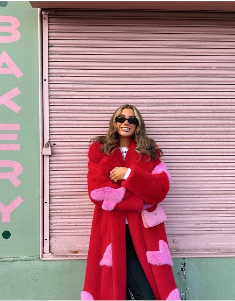 Red Maxi Eco Bamboo Faux Fur Coat with Love Heart Detailing
