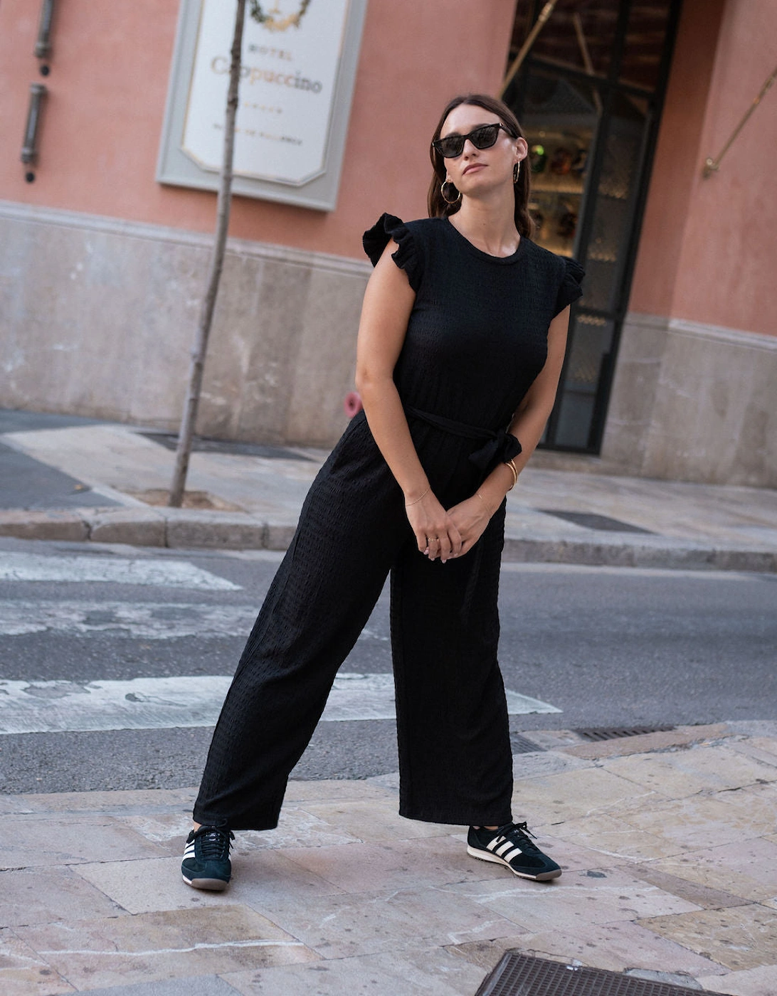 Black Stretch Texture Frill Elasticated Waist Jumpsuit