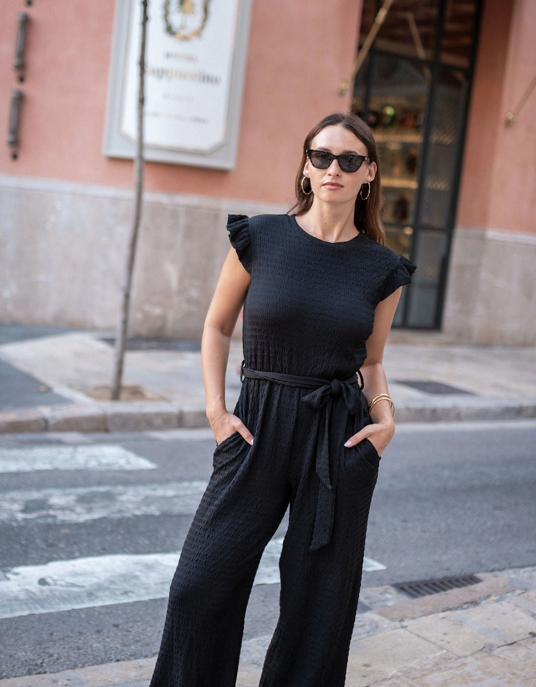 Black Stretch Texture Frill Elasticated Waist Jumpsuit, 9 of 8