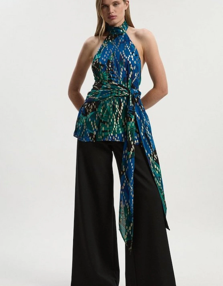 Viscose Metallic Palm Print Halter Neck Top