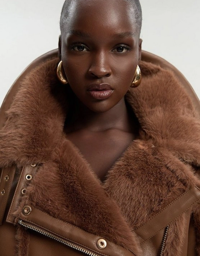 Faux Fur High Neck Belted Biker Coat