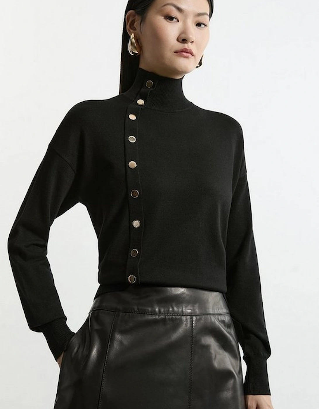 Viscose Blend Popper Detail Knit Jumper, 4 of 3