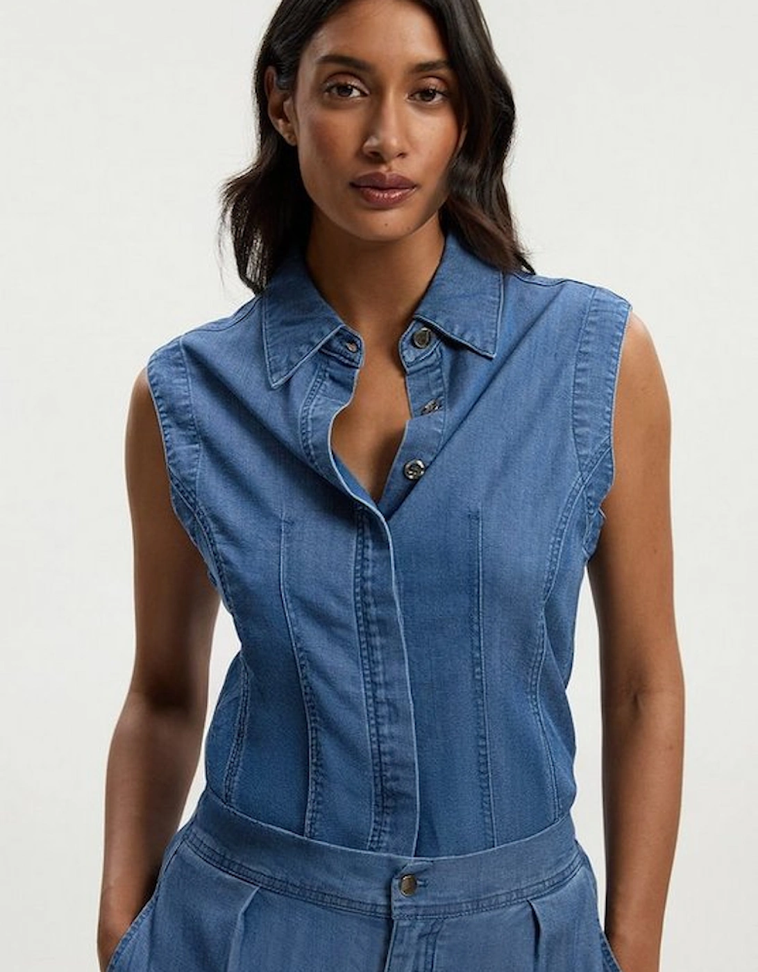 Chambray Stretch Denim Sleeveless Collared Top, 4 of 3