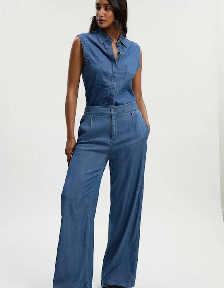 Chambray Stretch Denim Sleeveless Collared Top