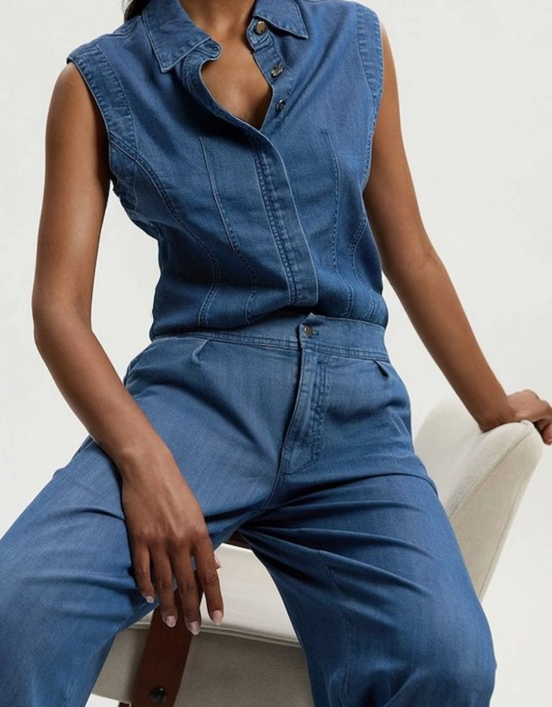 Chambray Stretch Denim Sleeveless Collared Top