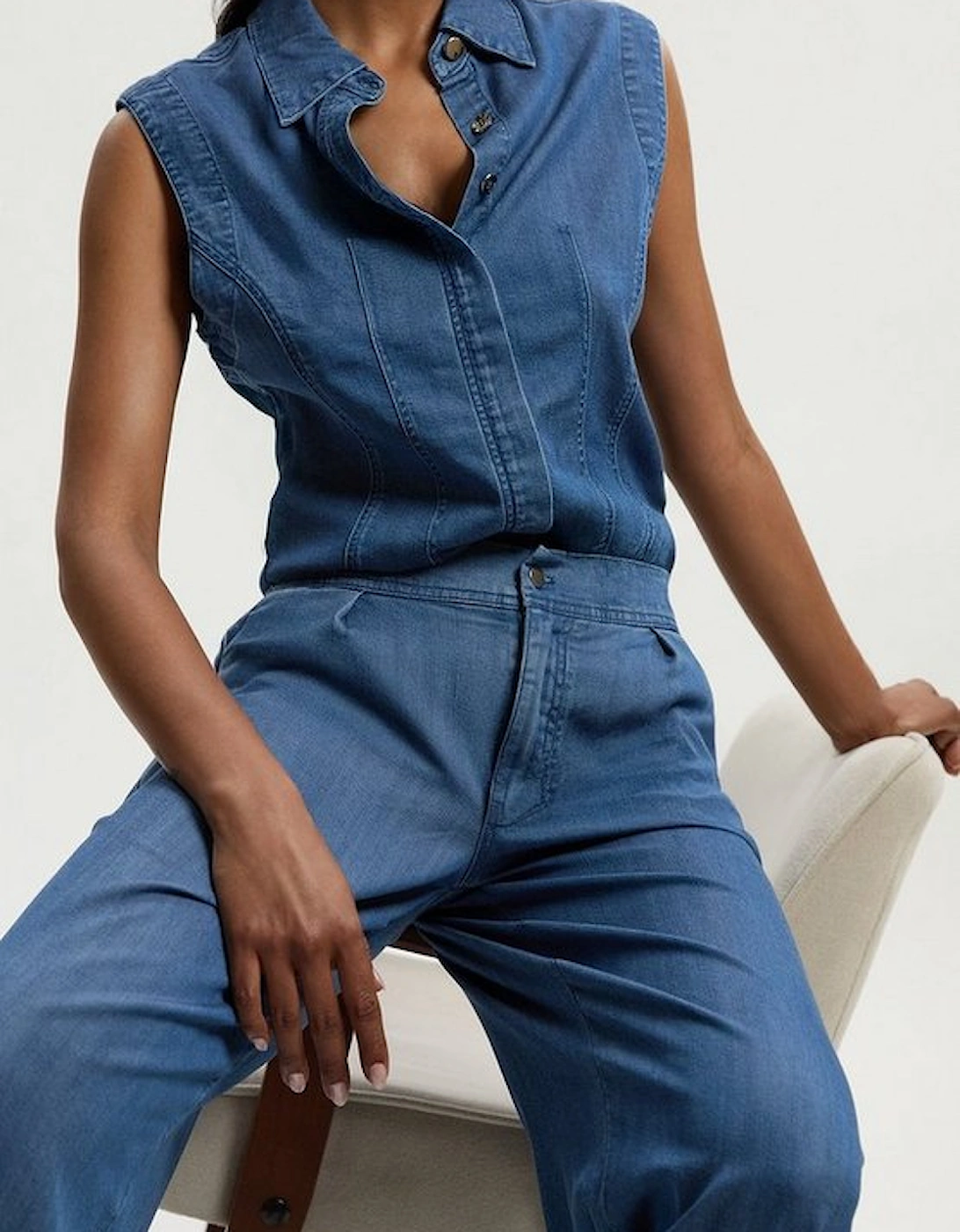 Chambray Stretch Denim Sleeveless Collared Top