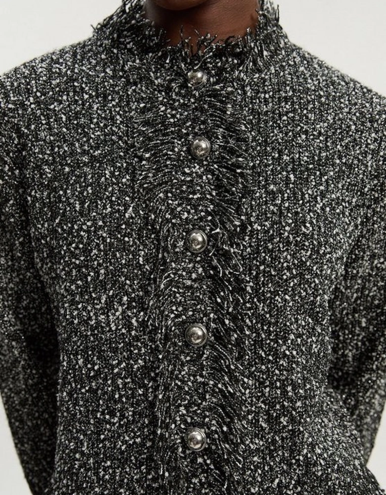 Tweed Yarn Fringe Detail Knitted Cardi