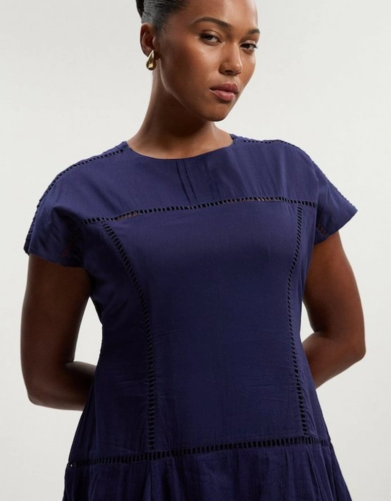 Plus Size Cotton With Lace Trim Insert Hanky Hem Woven Midi Dress