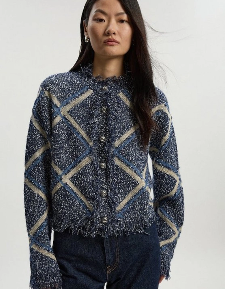 Tweed Yarn Fringe Detail Knitted Cardi