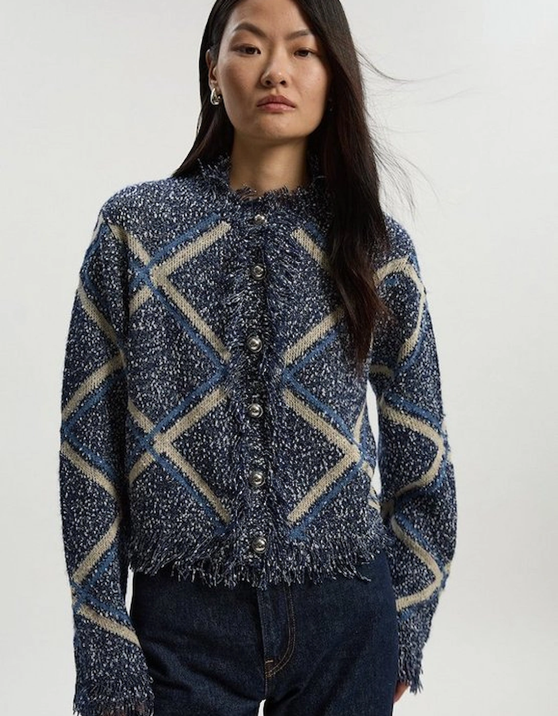 Tweed Yarn Fringe Detail Knitted Cardi