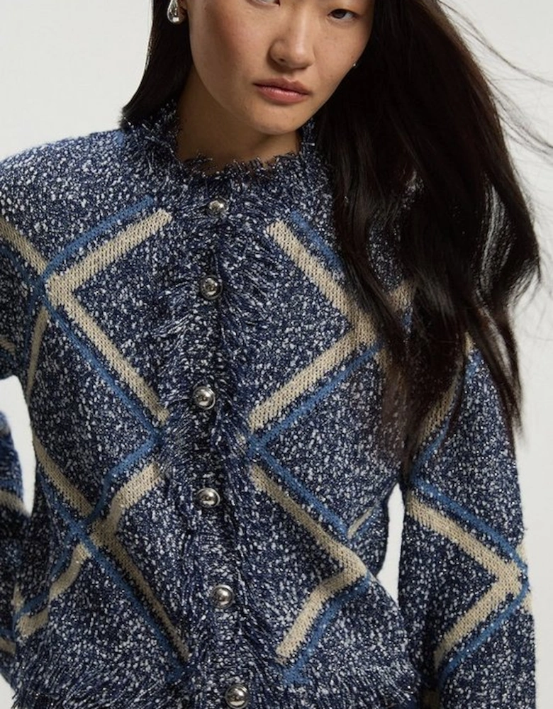 Tweed Yarn Fringe Detail Knitted Cardi