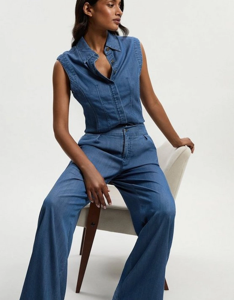 Chambray Stretch Denim Wide Leg Trouser