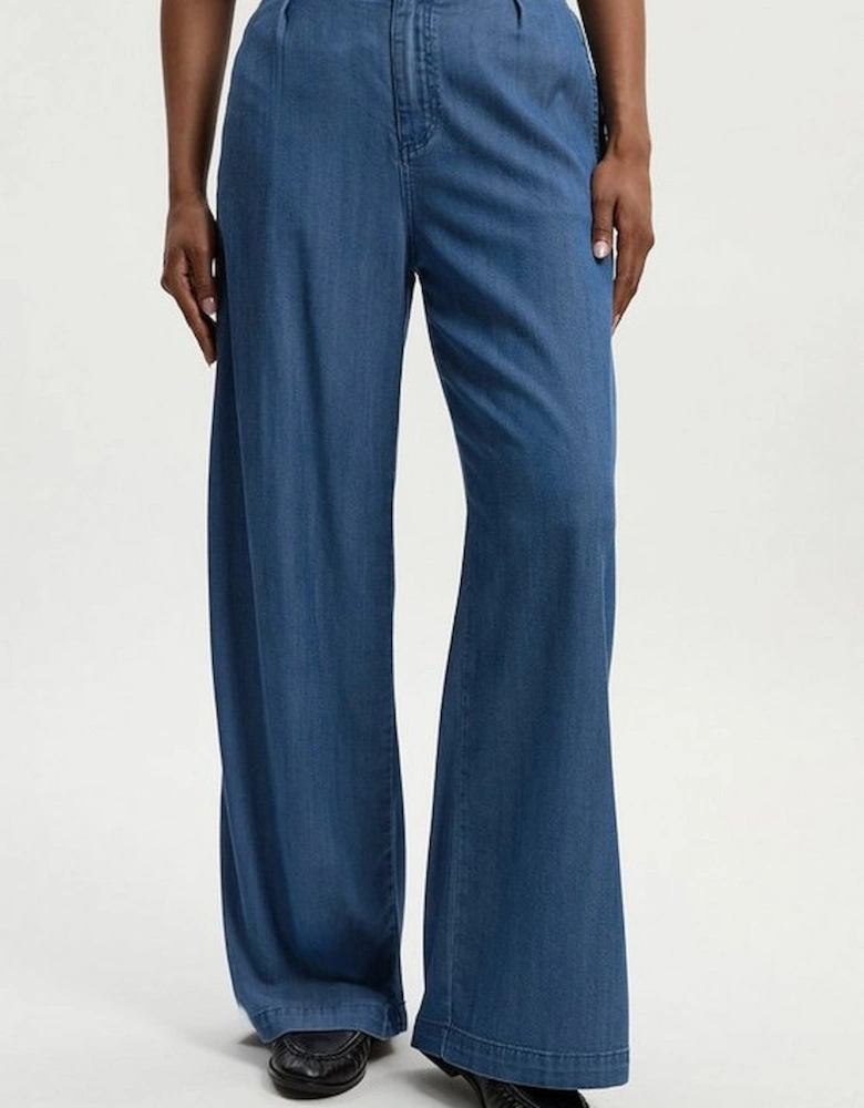 Chambray Stretch Denim Wide Leg Trouser