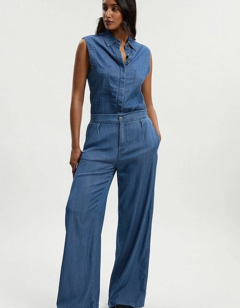 Chambray Stretch Denim Wide Leg Trouser