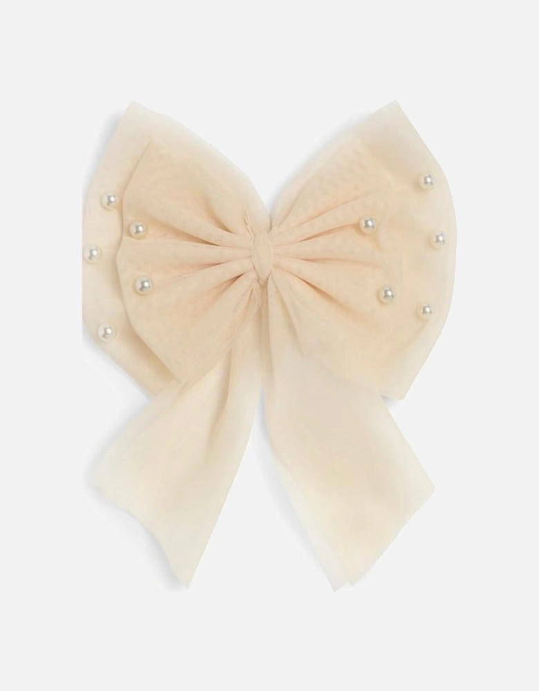 Girls Beige Tulle Pearl Bow Hair Clip