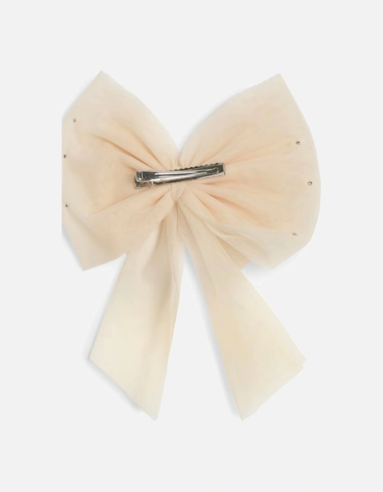 Girls Beige Tulle Pearl Bow Hair Clip